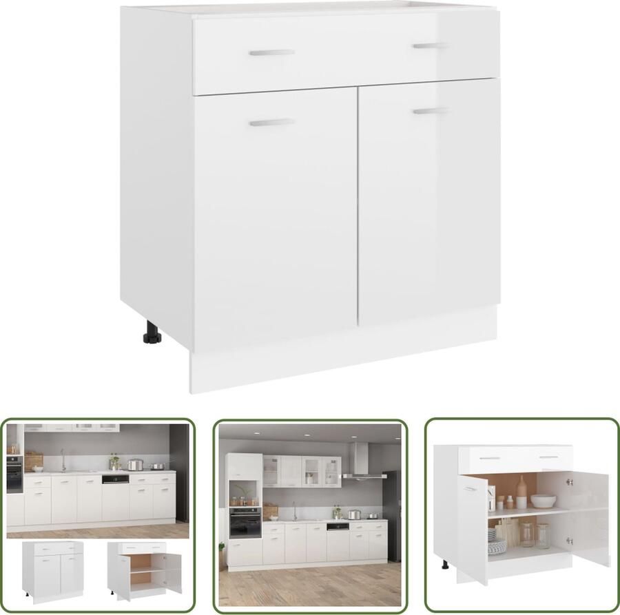 The Living Store Onderkast met lade 80x46x81 5 cm bewerkt hout hoogglans wit Keukenonderkast Lades Opslagoplossing Kookeiland Keukenaccessoires
