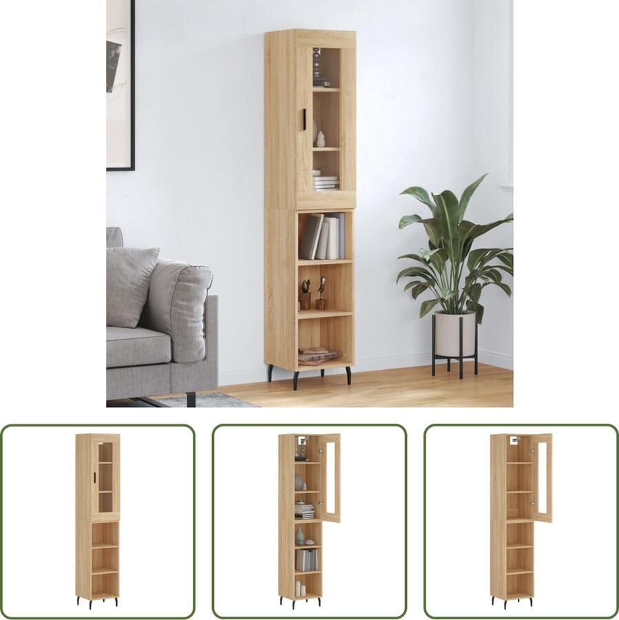 The Living Store Opbergkast 34.5 x 34 x 180 cm sonoma eiken bewerkt hout ijzer en glas