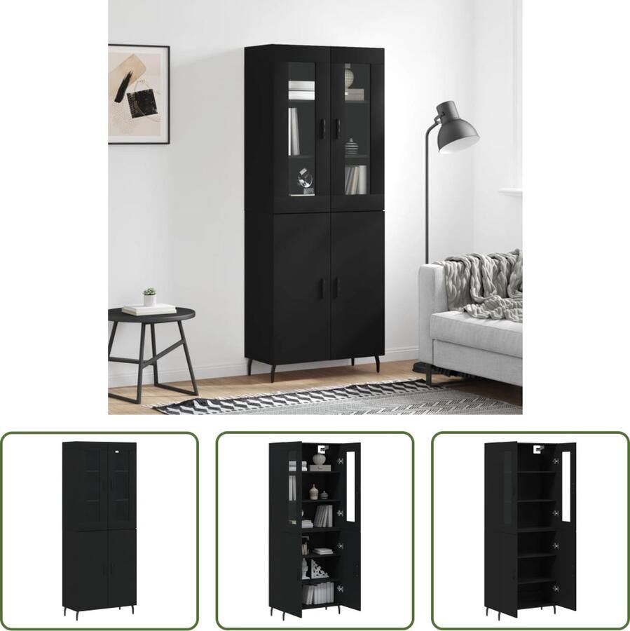 The Living Store Opbergkast 69.5 x 34 x 180 cm Trendy hoge kast Duurzaam materiaal Voldoende opbergruimte Praktische deuren Metalen voeten Kleur- zwart