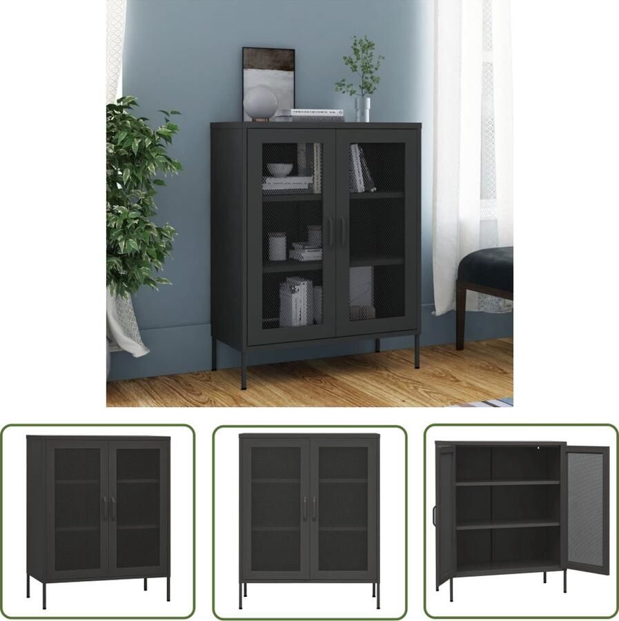 The Living Store Opbergkast 80x35x101 5 cm staal antracietkleurig Opslagkast Sidetable Dressoir Metalen Kast Zwarte Kast - Foto 2