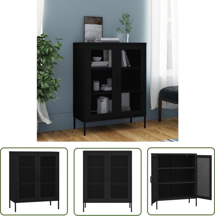The Living Store Opbergkast 80x35x101 5 cm staal zwart Opslagruimte Bijzettafel Metalen Kast Zwarte Kast Staalkast - Foto 2