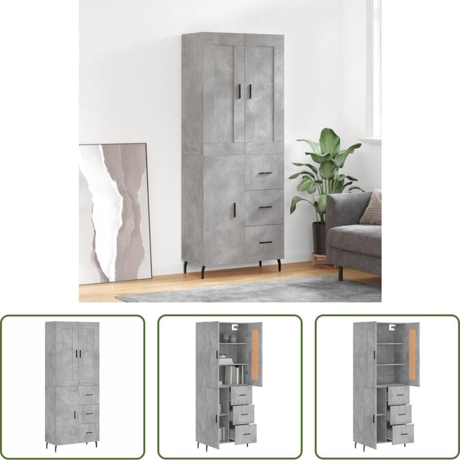 The Living Store Hoge kast 69 5x34x180 cm bewerkt hout betongrijs Hoge Kast Opbergkast Kledingkast Woonkamerinrichting Slaapkamerinrichting