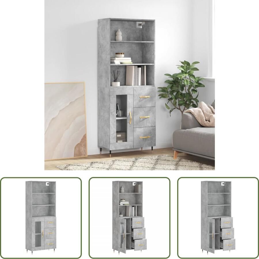 The Living Store Hoge kast 69 5x34x180 cm bewerkt hout betongrijs Hoge Kast Opbergkast Betonnen Kast Houten Kast Dressoir