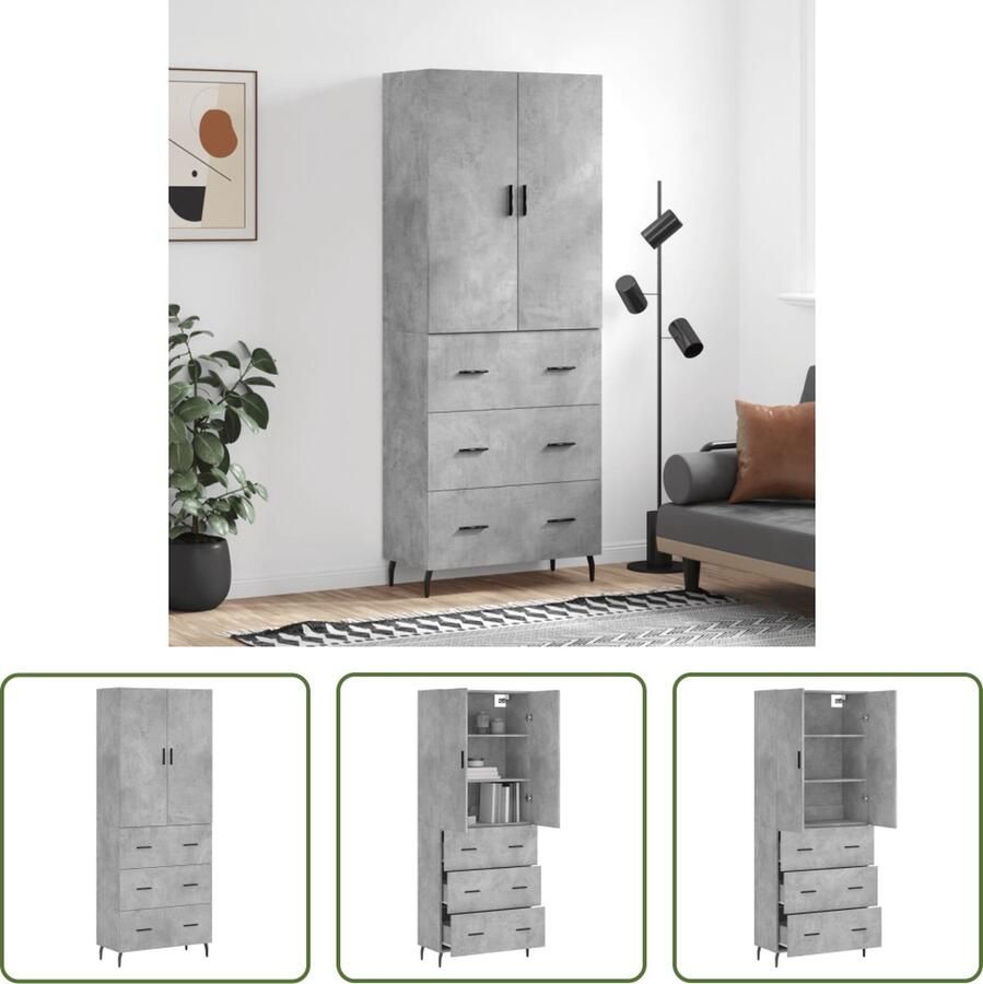 The Living Store Hoge kast 69 5x34x180 cm bewerkt hout betongrijs Hoge Kast Opbergkast Betonnen Kast Houten Kast Design Kast