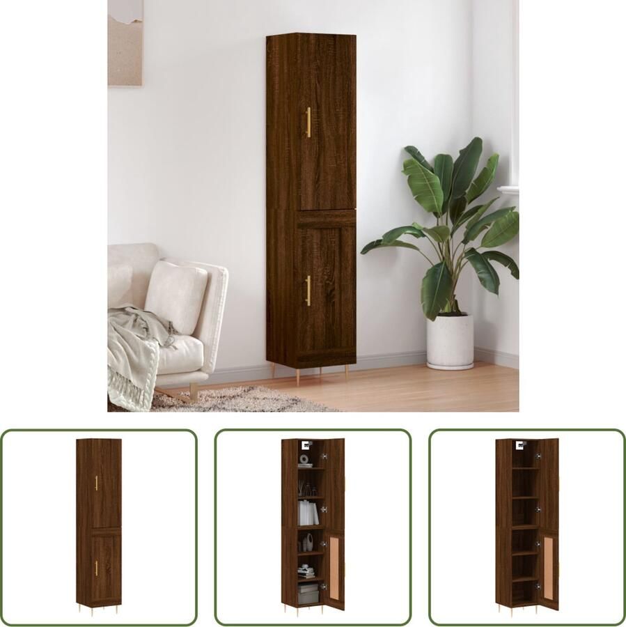 The Living Store Hoge kast 34 5x34x180 cm bewerkt hout bruin eikenkleur Hoge Kast Opbergkast Houten Kast Bruine Eiken Kleur Metaal Poten