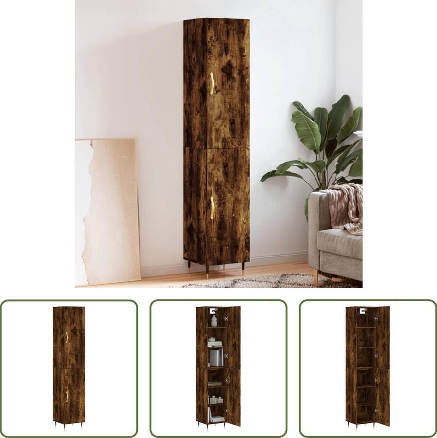 The Living Store Hoge kast 34 5x34x180 cm bewerkt hout gerookt eikenkleurig Hoge Kast Opbergkast Houten Kast Dressoir Buffetkast