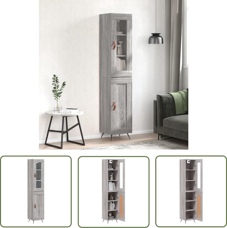 VidaXL Grijze Kast Hoge Kast Hoge kast 34 5x34x180 cm bewerkt hout grijs sonoma eikenkleurig Houten Kast Opslagoplossing Woonaccessoires