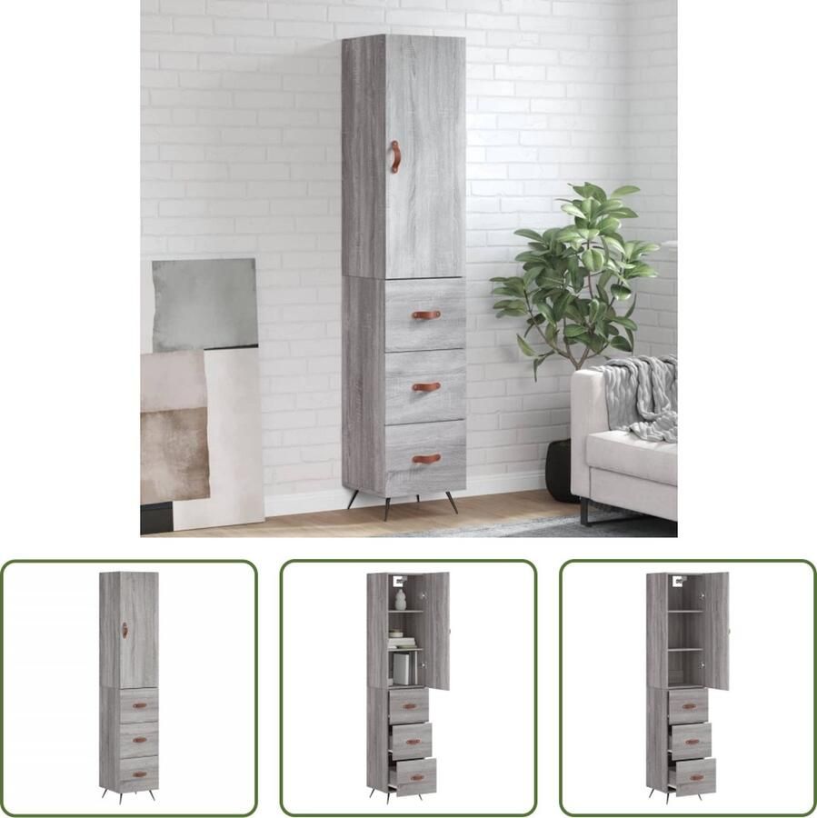 The Living Store Hoge kast 34 5x34x180 cm bewerkt hout grijs sonoma eikenkleurig Hoge Kast Houten Kast Grijze Kast Opslagoplossing Woonaccessoires