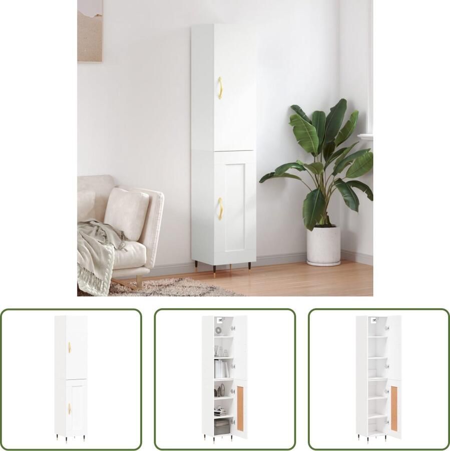 The Living Store Hoge kast 34 5x34x180 cm bewerkt hout wit Hoge Kast Opslagoplossing Houten Kast Witte Kast Woonkamerkast