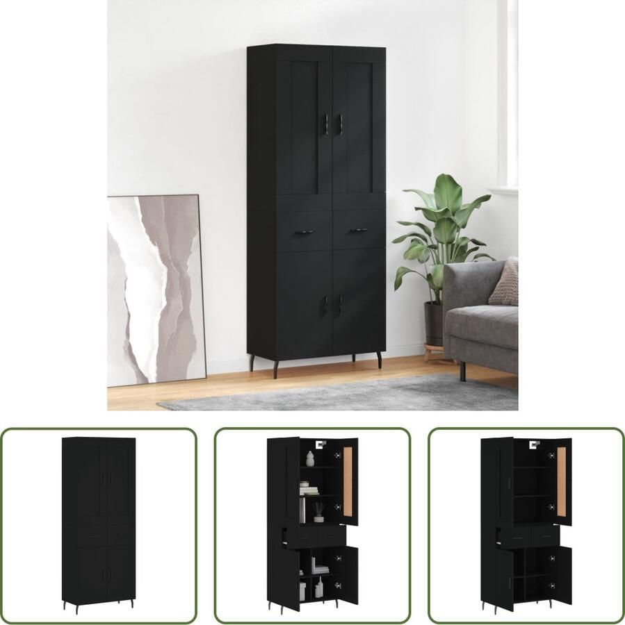 The Living Store Opbergkast Hoge kast 180 cm Zwart Bewerkt hout Inclusief dressoir en opzetkast