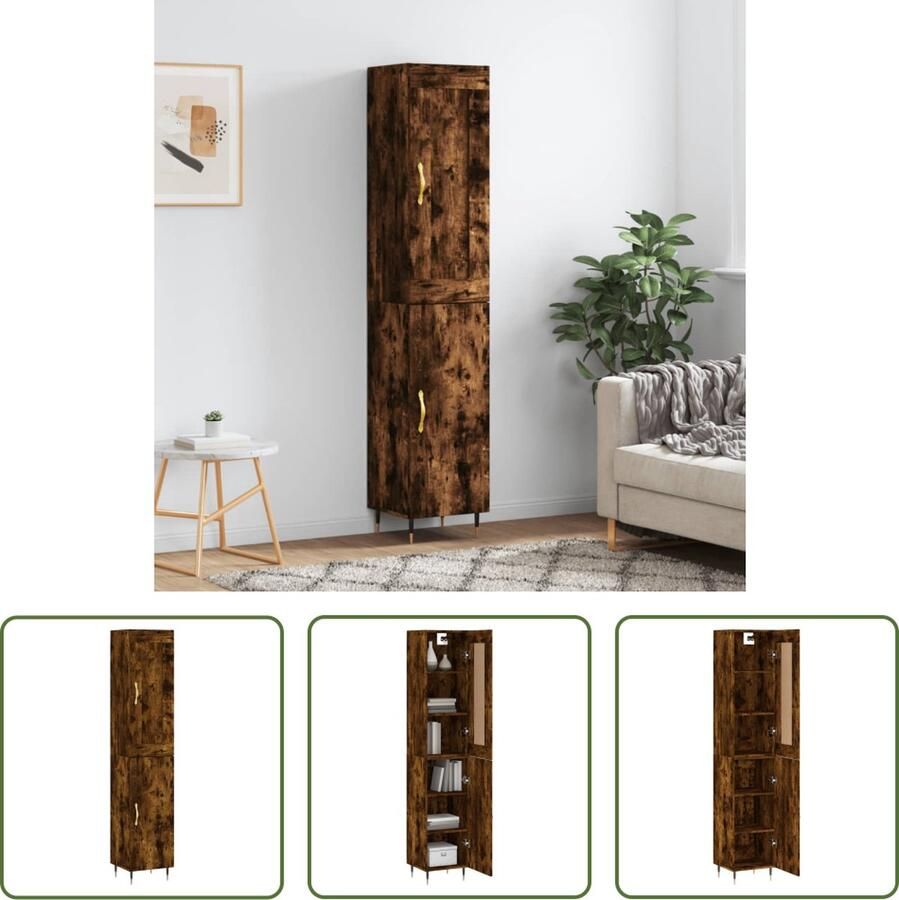 The Living Store Hoge kast 34 5x34x180 cm bewerkt hout gerookt eikenkleurig Hoge Kast Opbergkast Kast Houten Kast Bruine Kast