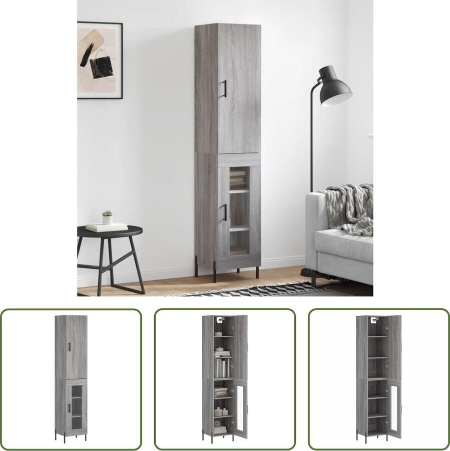 VidaXL Grijze Kast Hoge Kast Hoge kast 34 5x34x180 cm bewerkt hout grijs sonoma eikenkleurig Houten Kast Opslagkast Design Kast