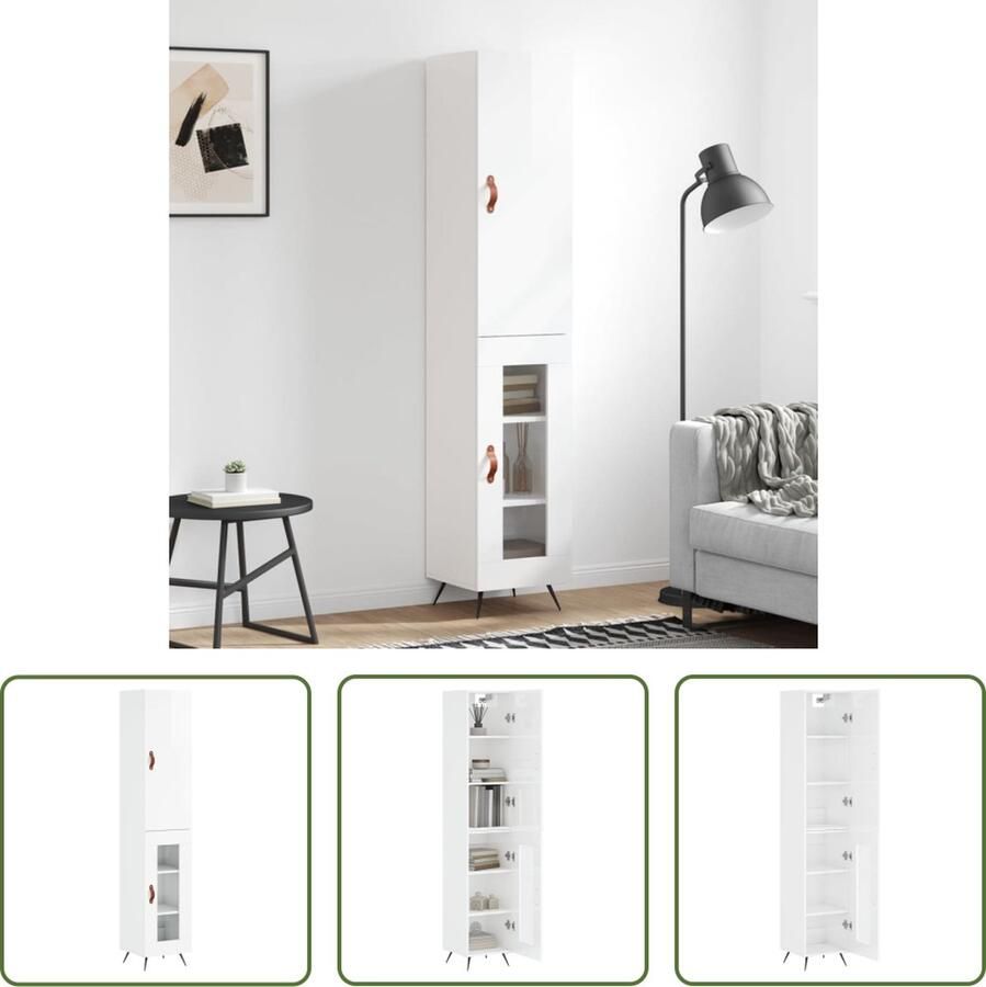 VidaXL Witte Kast Hoge Kast Hoge kast 34 5x34x180 cm bewerkt hout hoogglans wit Houten Kast Opslagoplossing Woonkamermeubilair - Foto 2