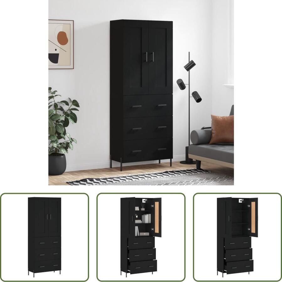The Living Store Hoge kast 69 5x34x180 cm bewerkt hout zwart Hoge Kast Opbergkast Kast Houten Kast Zwarte Kast