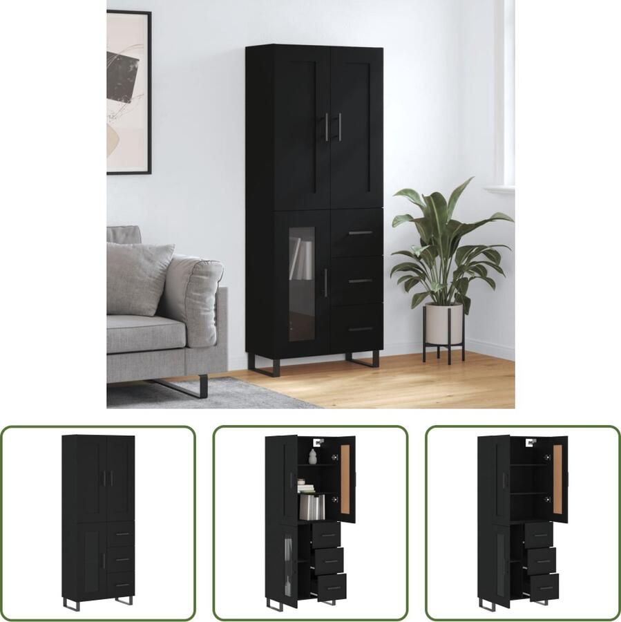 The Living Store Hoge kast 69 5x34x180 cm bewerkt hout zwart Hoge Kast Opbergkast Kast Zwart Houten Kast Design Kast