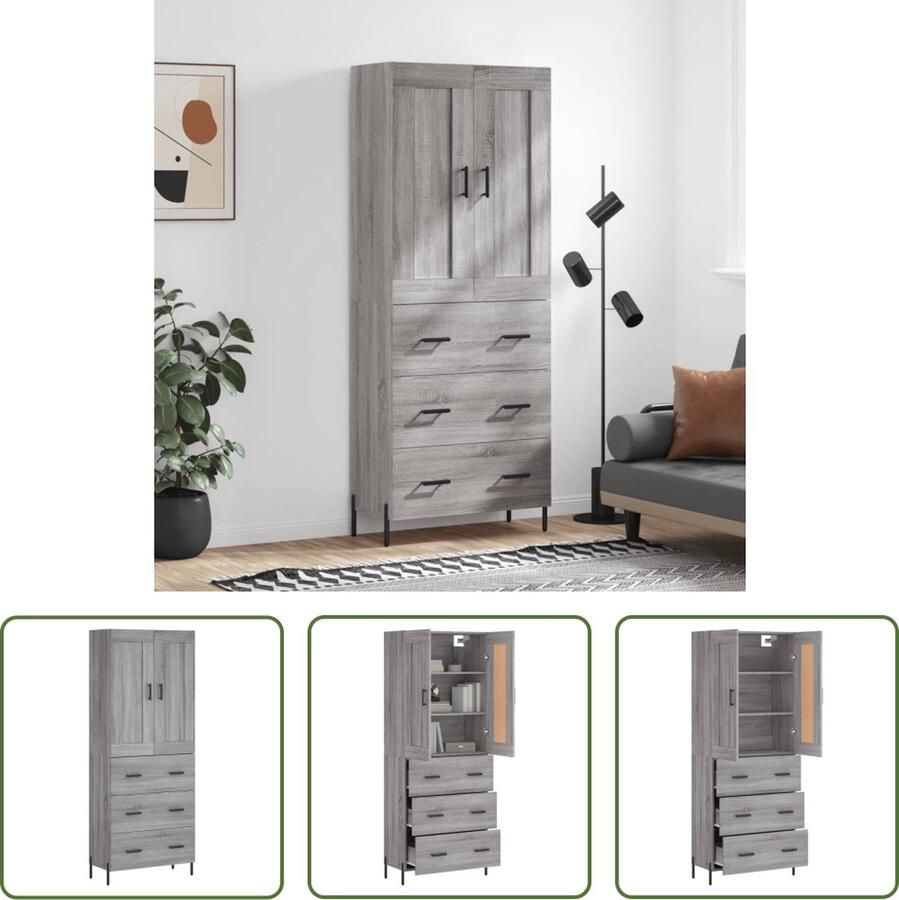The Living Store Hoge kast 69 5x34x180 cm bewerkt hout grijs sonoma eikenkleurig Hoge Kast Opbergkast Kledingkast Slaapkamermeubel Woonkamermeubel