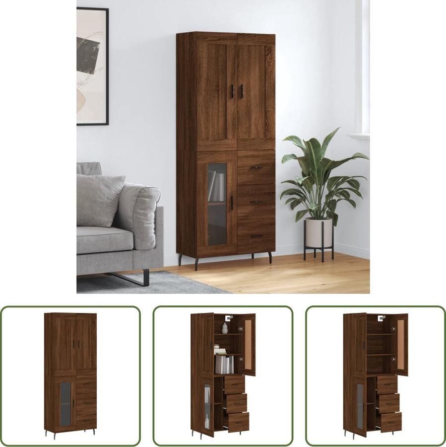 The Living Store Hoge kast 69 5x34x180 cm bewerkt hout bruin eikenkleur Hoge Kast Opbergkast Kast Bruineiken Houten Kast