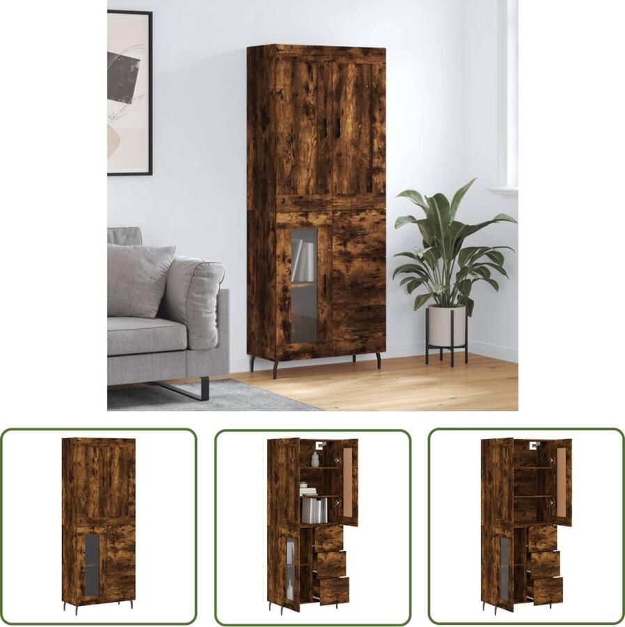 The Living Store Hoge kast 69 5x34x180 cm bewerkt hout gerookt eikenkleurig Hoge Kast Opbergkast Houten Kast Dressoir Buffetkast