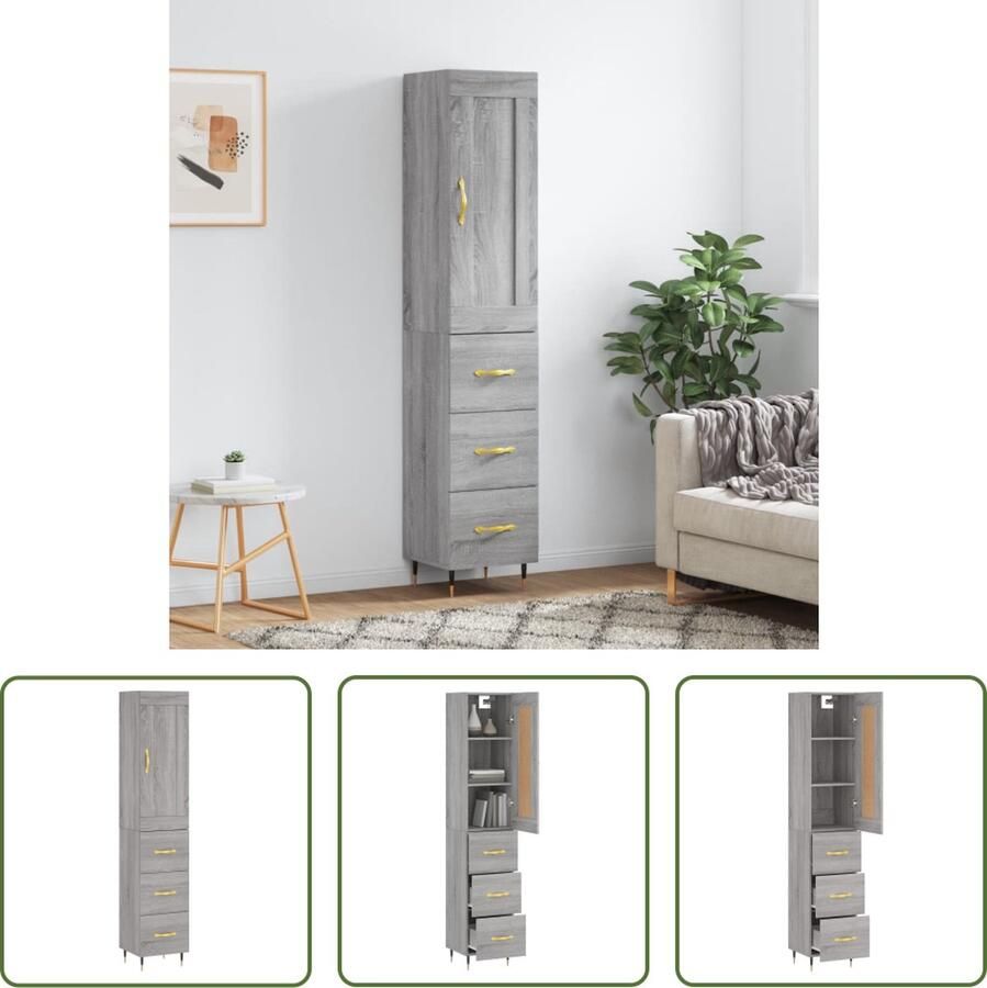 The Living Store Opbergkast Hoge kast Grijs Sonoma Eiken 34.5 x 34 x 180 cm Duurzaam materiaal