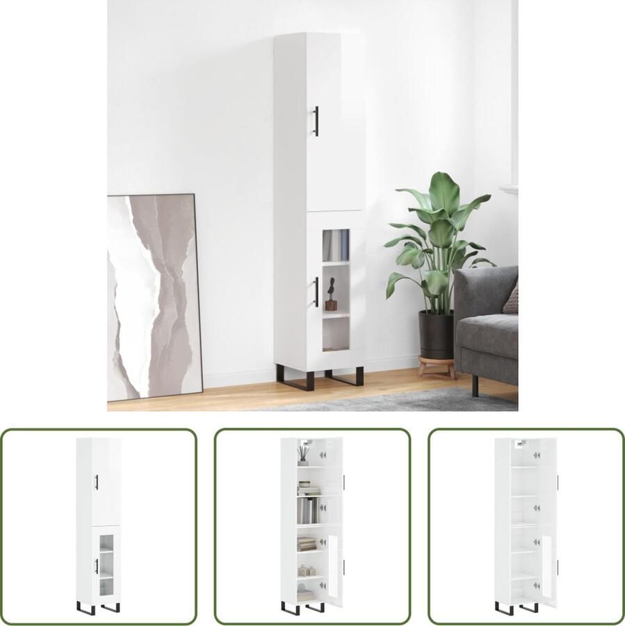 The Living Store Hoge kast 34 5x34x180 cm bewerkt hout hoogglans wit Hoge Kast Opslagoplossing Keukenopslag Woonkamermeubilair Houten Kast - Foto 2