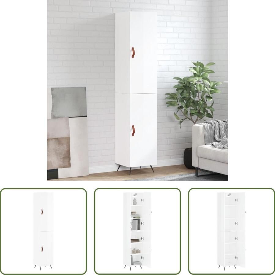 The Living Store Hoge kast 34 5x34x180 cm bewerkt hout hoogglans wit Hoge Kast Opslagoplossing Witte Kast Keukenopslag Woonkamerkasten