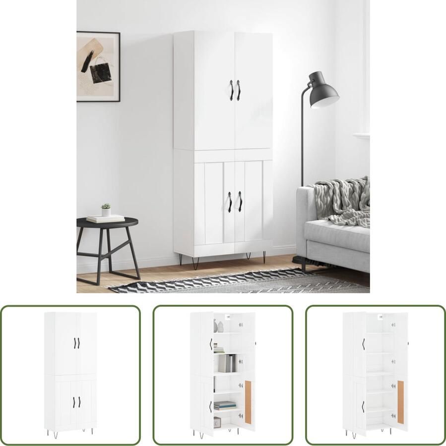 The Living Store Opbergkast Hoge kast Hoogglans wit Bewerkt hout 69.5 x 34 x 180 cm