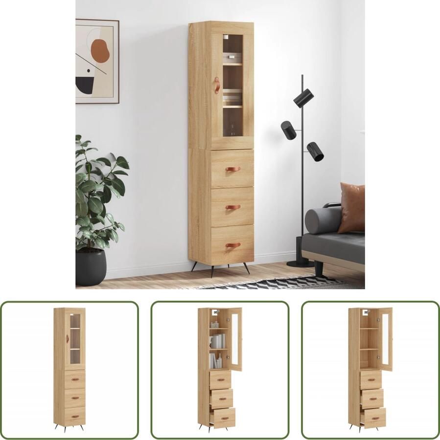 The Living Store Opbergkast Hoge Kast Sonoma Eiken 34.5 x 34 x 180 cm Metalen Voeten