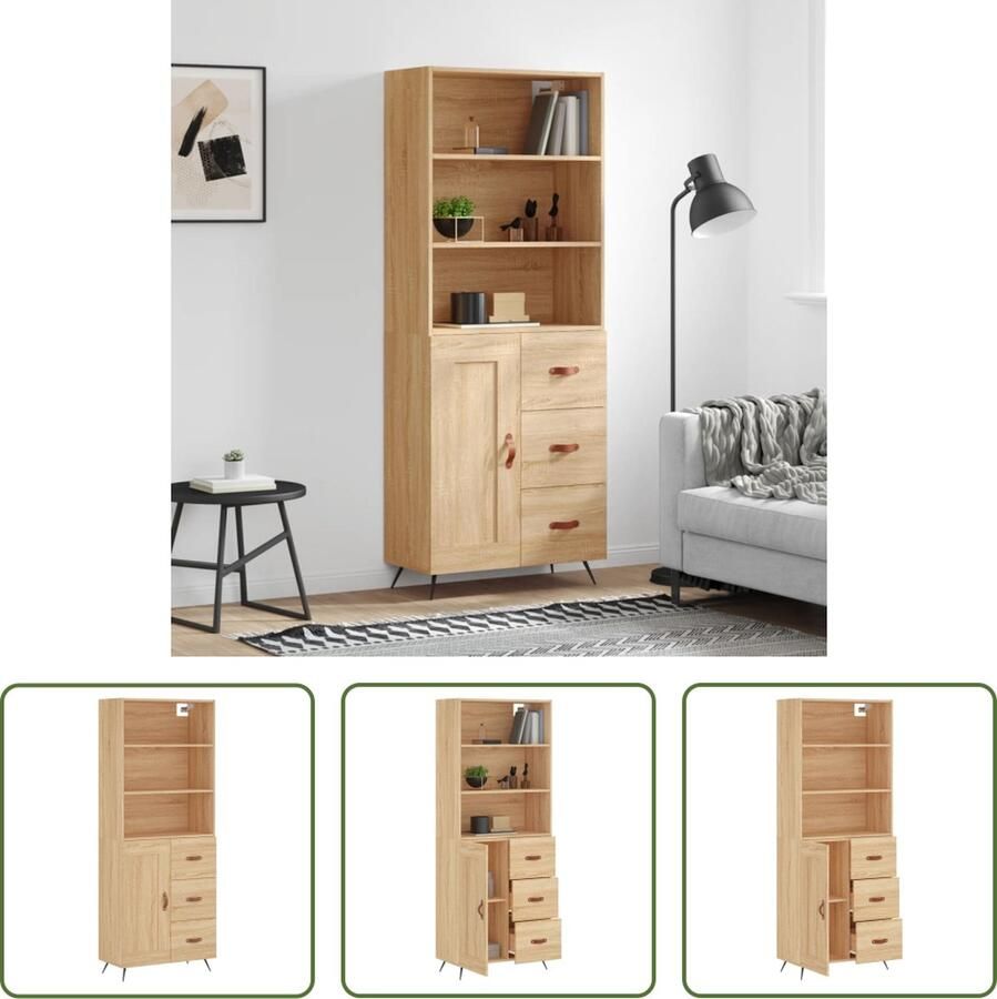 The Living Store Opbergkast Hoge Kast Sonoma Eiken 69.5 x 34 x 180 cm Duurzaam hout metaal kunstleer