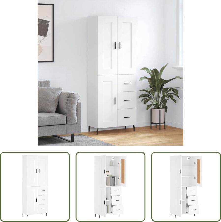 The Living Store Opbergkast Hoge Kast Wit 69.5 x 34 x 180 cm Duurzaam materiaal Voldoende opbergruimte Praktische deuren Metalen voeten Montage vereist - Foto 2