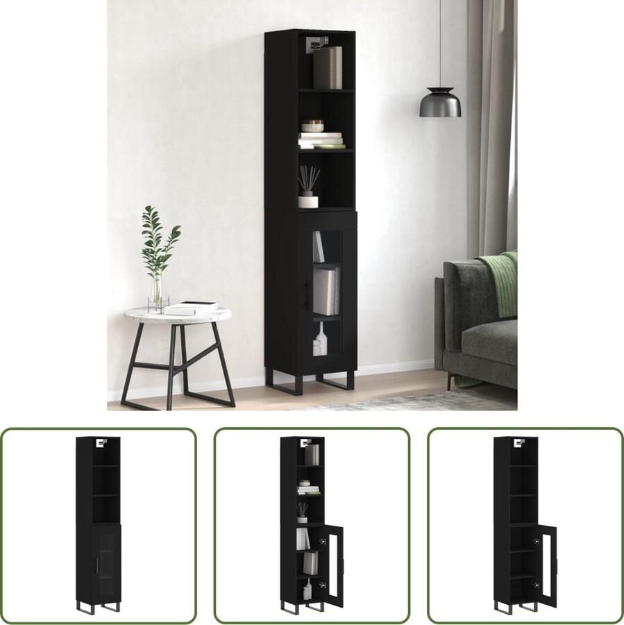 The Living Store Opbergkast Hoge Kast Zwart 34.5 x 34 x 180 cm Glasontwerp
