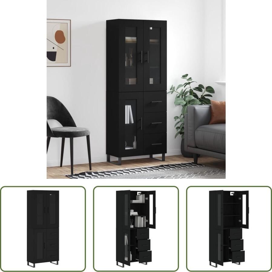 The Living Store Opbergkast Hoge Kast Zwart 69.5 x 34 x 180 cm Bewerkt hout metaal glas