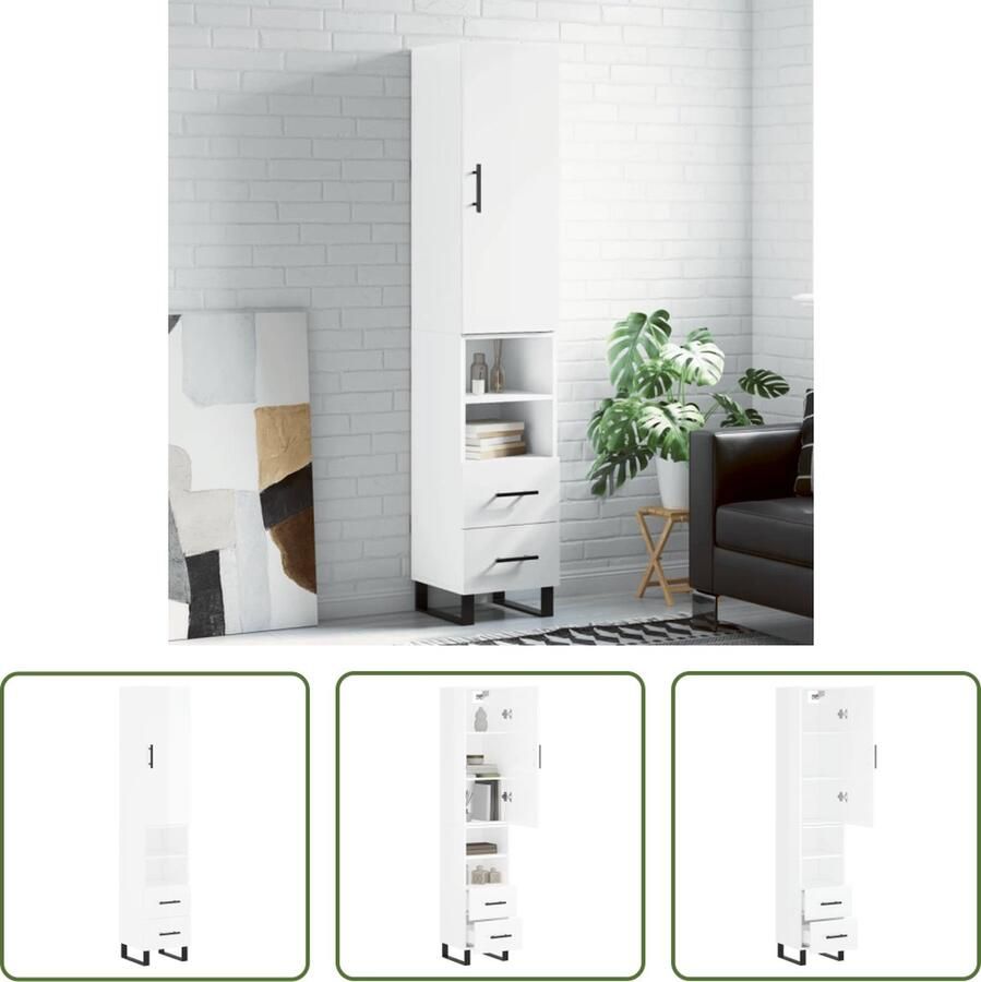The Living Store Hoge kast 34 5x34x180 cm bewerkt hout hoogglans wit Opbergkast Hoge Kast Houten Kast Wit Kast Keukenopslag
