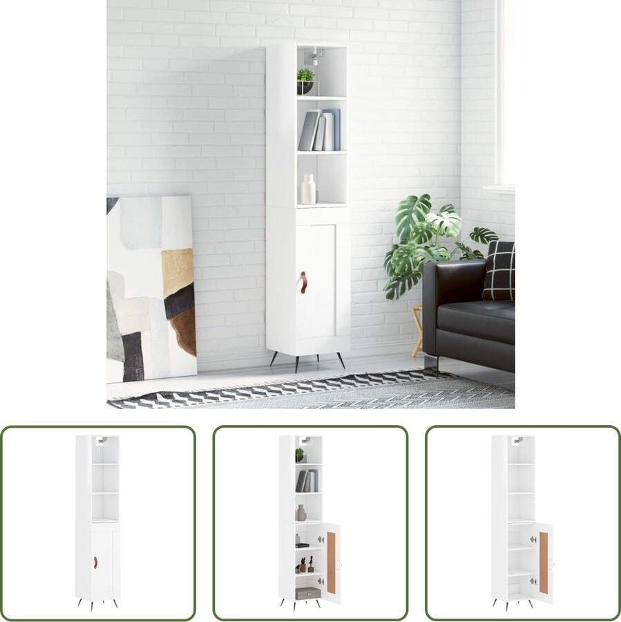 The Living Store Hoge kast 34 5x34x180 cm bewerkt hout hoogglans wit Hoge Kast Opbergkast Kast Houten Kast Witte Kast - Foto 2