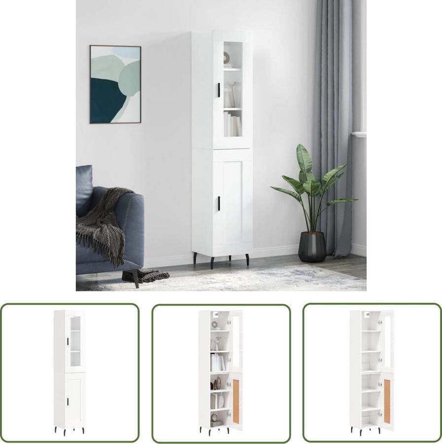 The Living Store Hoge kast 34 5x34x180 cm bewerkt hout hoogglans wit Hoge Kast Opbergkast Kast Houten Kast Witte Kast