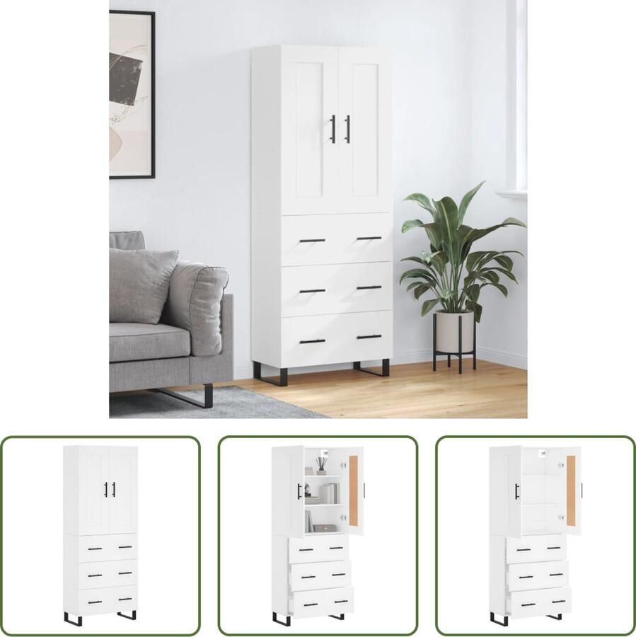 The Living Store Opbergkast Hout en Metaal 69.5 x 34 x 180 cm Wit