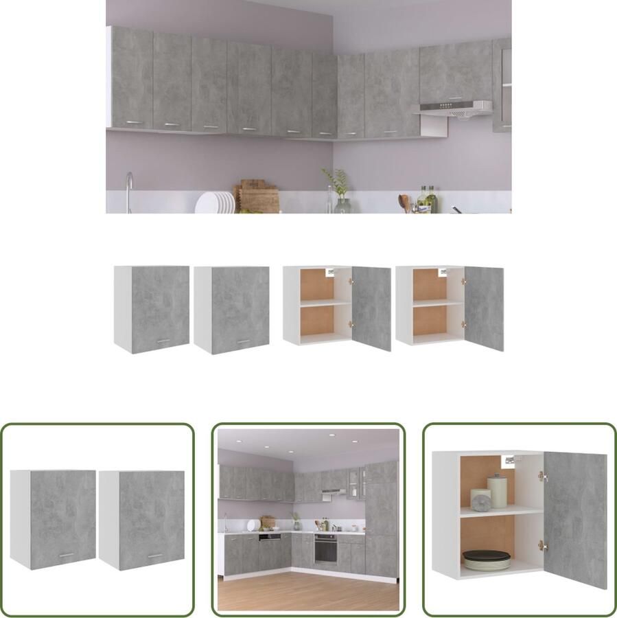 VidaXL Houten Hangkasten Keukenhangkasten Hangkasten 2 st Lyon 50x31x60 cm bewerkt hout betongrijs Grijze Hangkasten Opslagoplossing Keuken Keukenorganisatie
