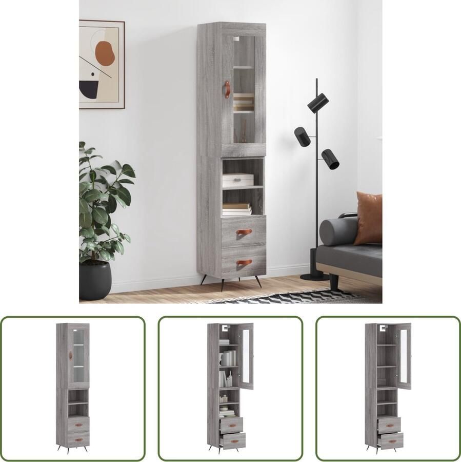 The Living Store Hoge kast 34 5x34x180 cm bewerkt hout grijs sonoma eikenkleurig Hoge Kast Opbergkast Kast Houten Kast Grijze Kast