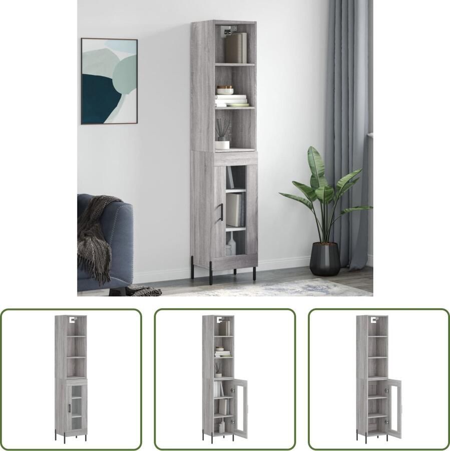 The Living Store Opbergkast Sonoma Eiken Hoge Kast 34.5 x 34 x 180 cm Met Glasontwerp Metalen Voeten