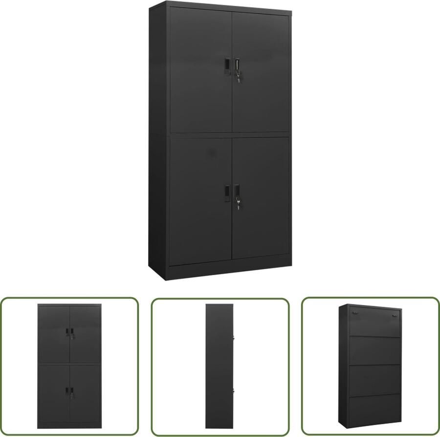 The Living Store Opbergkast Staal 90 x 40 x 180 cm Antraciet 4 deuren Verstelbare schappen - Foto 2