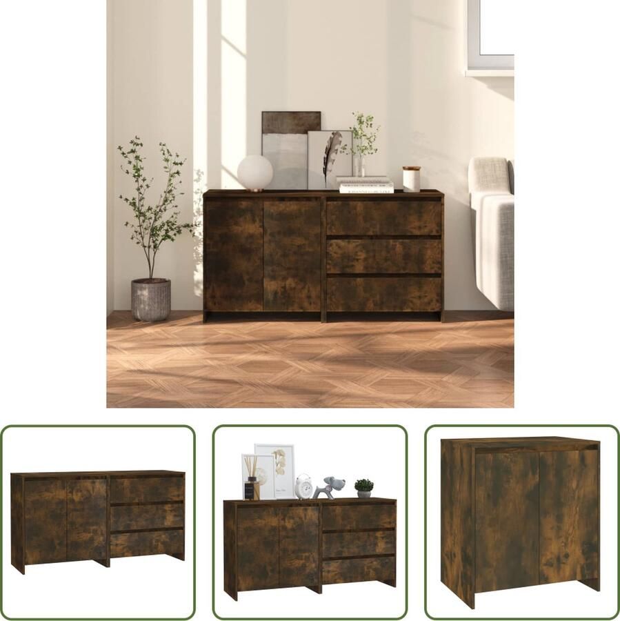 The Living Store 2 st Dressoirs bewerkt hout gerookt eikenkleurig Bijzettafel Dressoir Opbergkast Houten Kast Bruine Kast