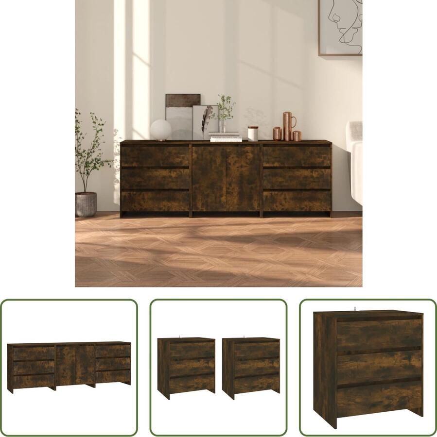VidaXL Kast Dressoir 3 st Dressoirs bewerkt hout gerookt eikenkleurig Houten Meubel Bruine Meubels Vintage Meubels - Foto 2