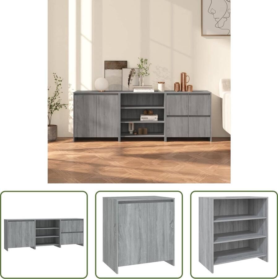 The Living Store 3 st Dressoirs bewerkt hout grijs sonoma eikenkleurig Dressoir Kast Opbergkast Salontafel Woonkamerinrichting