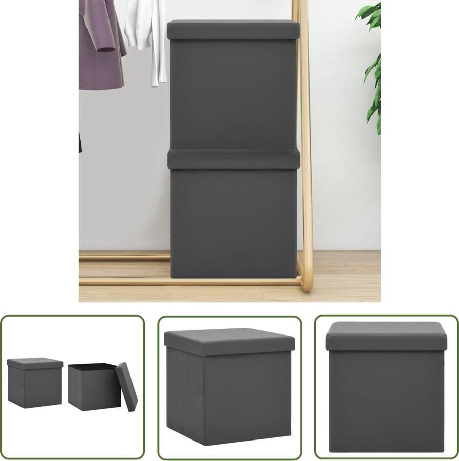 The Living Store Opbergkrukken inklapbaar 2 st PVC grijs Opbergkrukken Zitbank Grijze Meubels Multifunctionele Stoel Opbergtas - Foto 2