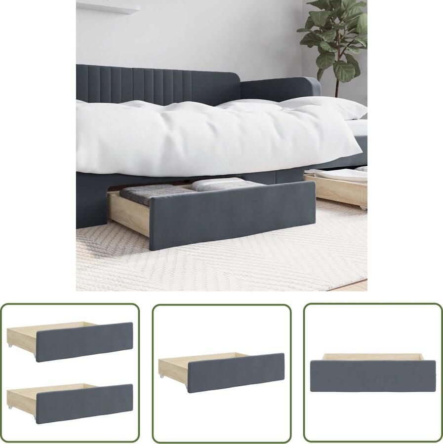 The Living Store Opberglades Bed 67 x 50 x 16 cm Donkergrijs Bewerkt hout Fluweel Opbergladekast Opbergladen Bedkasten Bedkisten Donkere Meubels