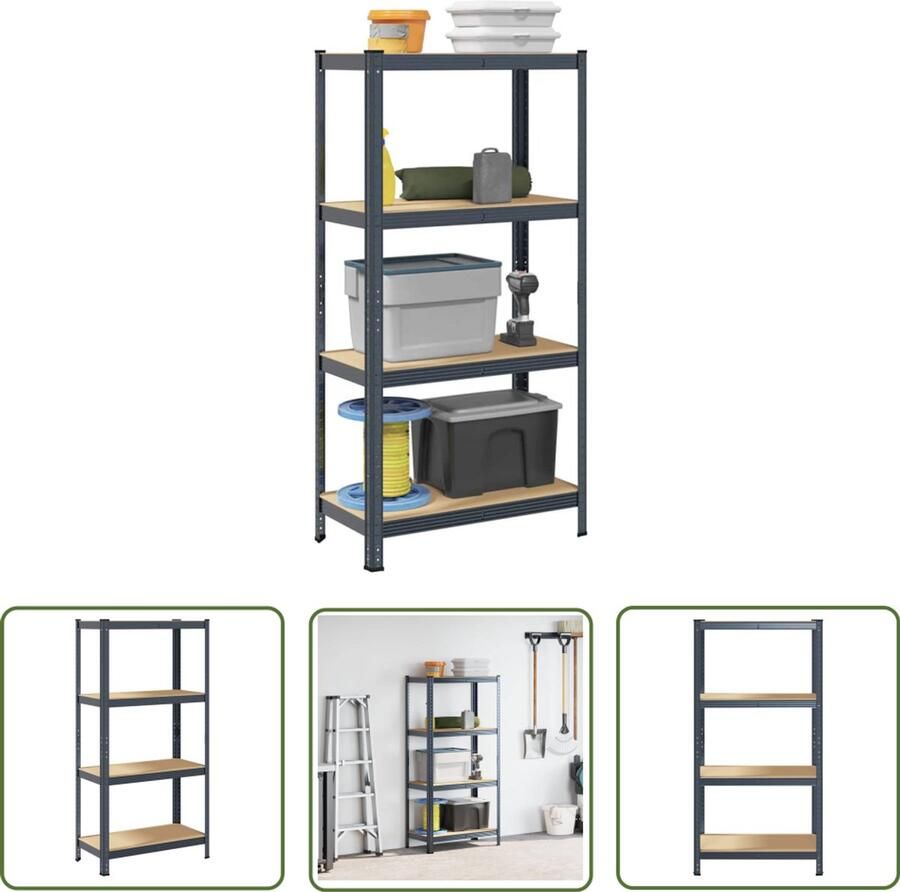 The Living Store Opbergrek 4-laags staal en bewerkt hout antracietkleurig Opbergrek Industriele Opslag Metalen Opbergkast Garage Organisatie Werkplaats Kast
