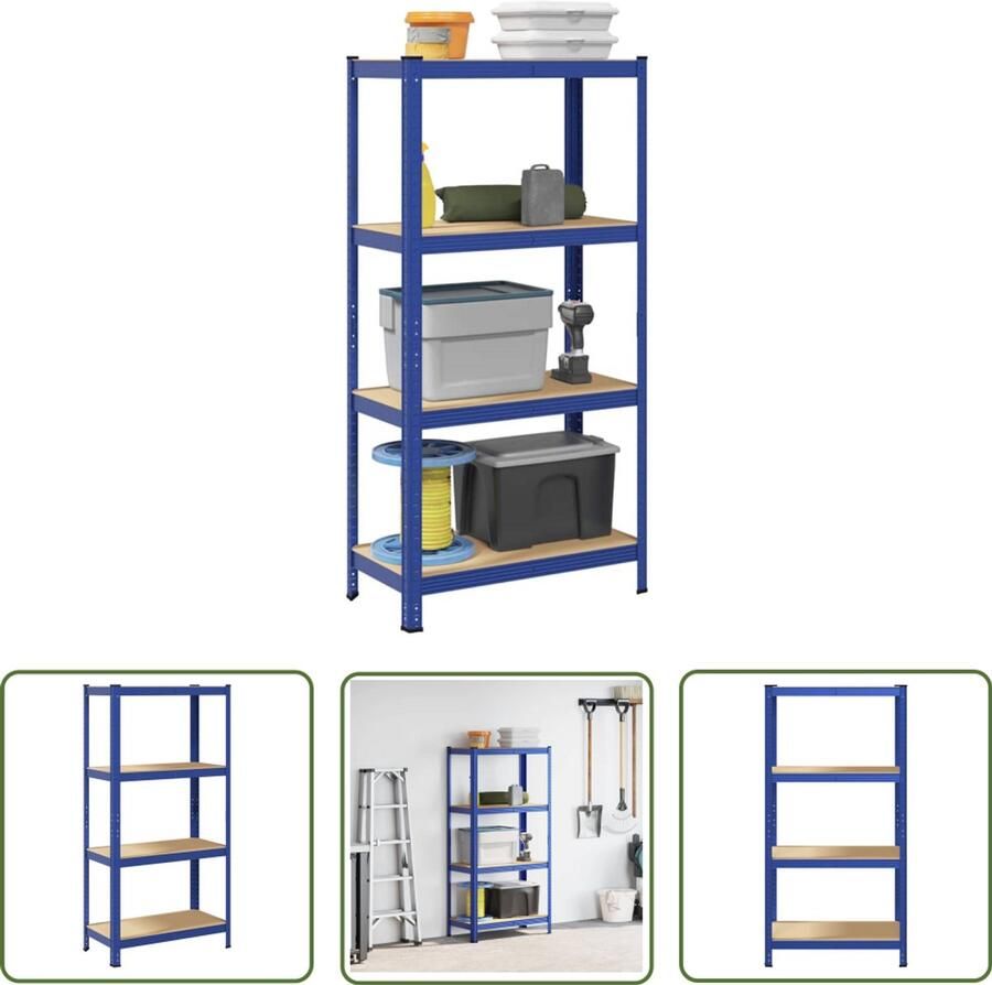 The Living Store Opbergrek 4-laags staal en bewerkt hout blauw Opbergrek Metalen Opbergkast Opslagkast Garage Kast Werkbank