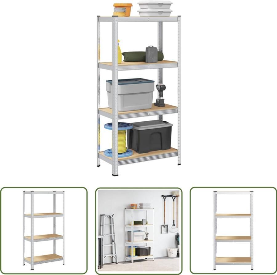 VidaXL Opbergrek 4-laags Staal & hout Zilver Opbergrek Industriele Opslag Metalen Kast Magazijnkast Garage Organisatie