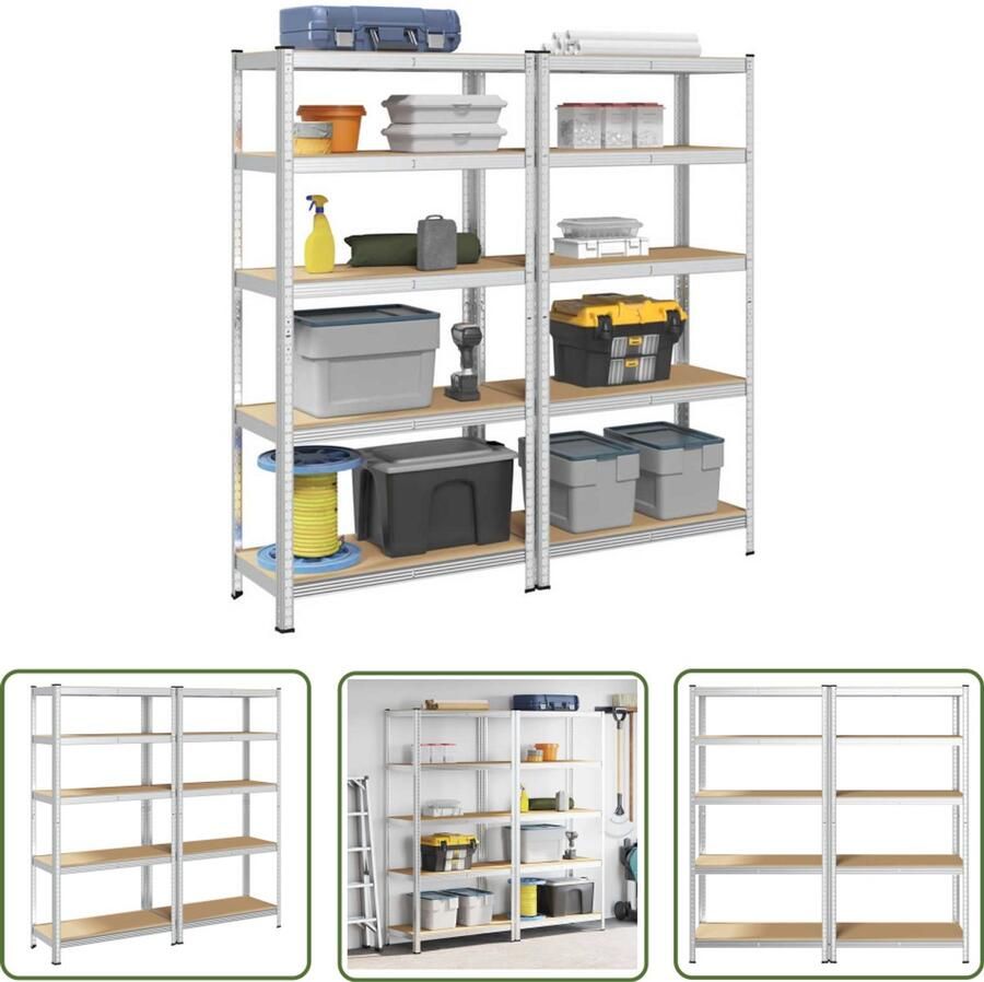 The Living Store Opbergrek 5-laags 2 st staal en bewerkt hout zilverkleurig Opslagrek Industriele Opslag Metalen Kast Zwaar Belastbaar Multifunctioneel