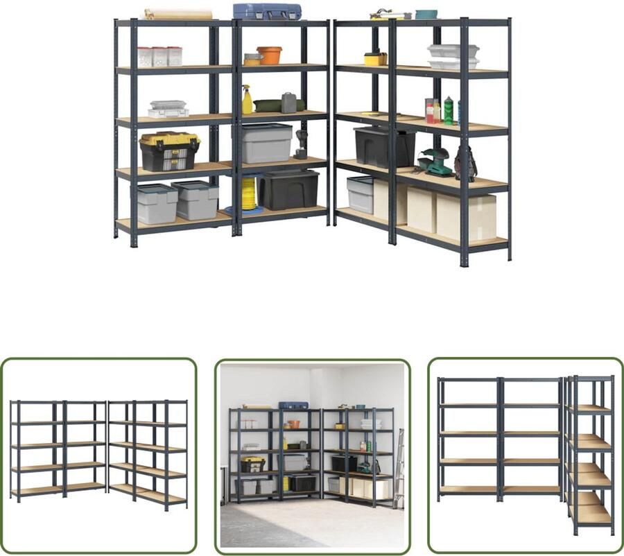 The Living Store Opbergrek 5-laags 4 st staal en bewerkt hout antracietkleurig Stelling Industriele Opslag Metalen Kast Magazijnkast Opbergsysteem