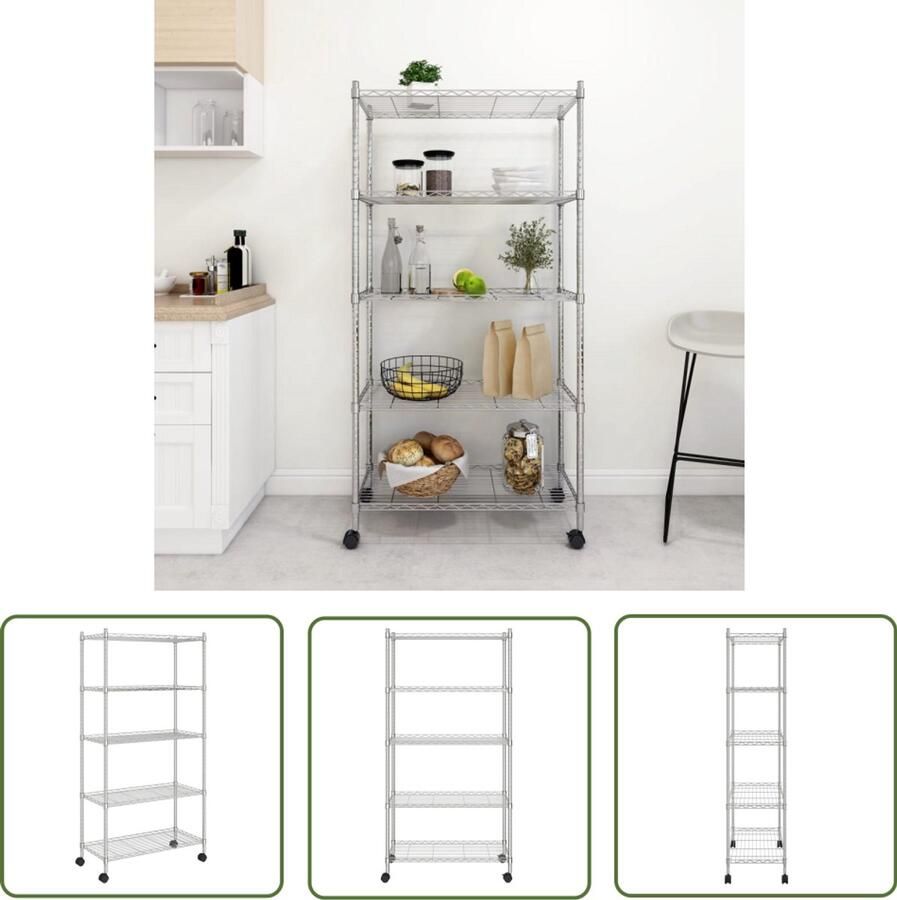 The Living Store Opbergrek 5-laags met wielen 250 kg 75x35x155 cm chroomkleurig Opslagrek Metalen Kast Industrieel Design Bergruimte Keukenoplossing